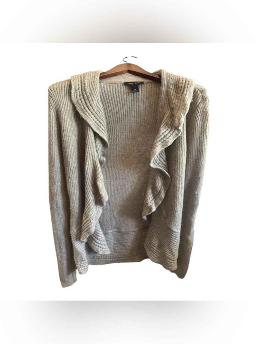 White House Black Market Women's Medium Tan Ruffle-Front Open Cardigan Sweater